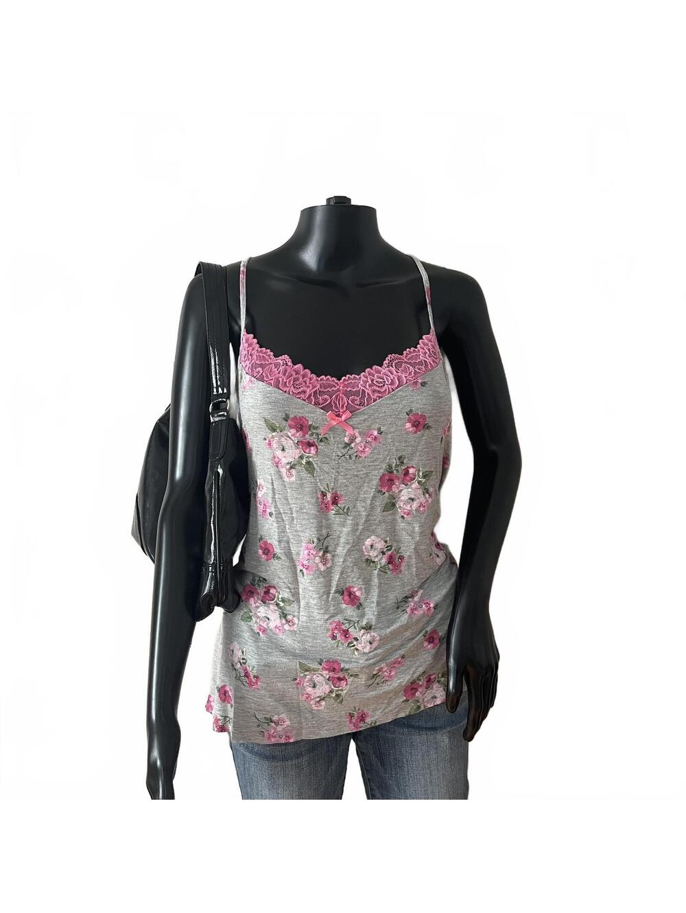 Floral Coquette Lace Cami Tank Top Pink Gray Y2K
